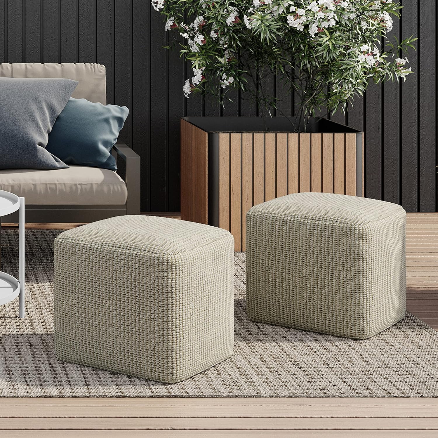 Zelma 18 Inch Boho Square Woven Outdoor/ Indoor Pouf In Cream And Natural Recycled PET Polyester, For The Living Room, Bedroom And