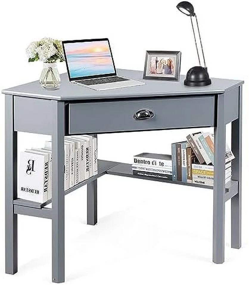 SJOPLMN Corner Computer Desk  Space-Saving Corner Table with Drawer & Shelves  Home Office 90° Triangle Corner Workstation  Modern  Vanity Table  Small Corner Desk for Small Spaces (