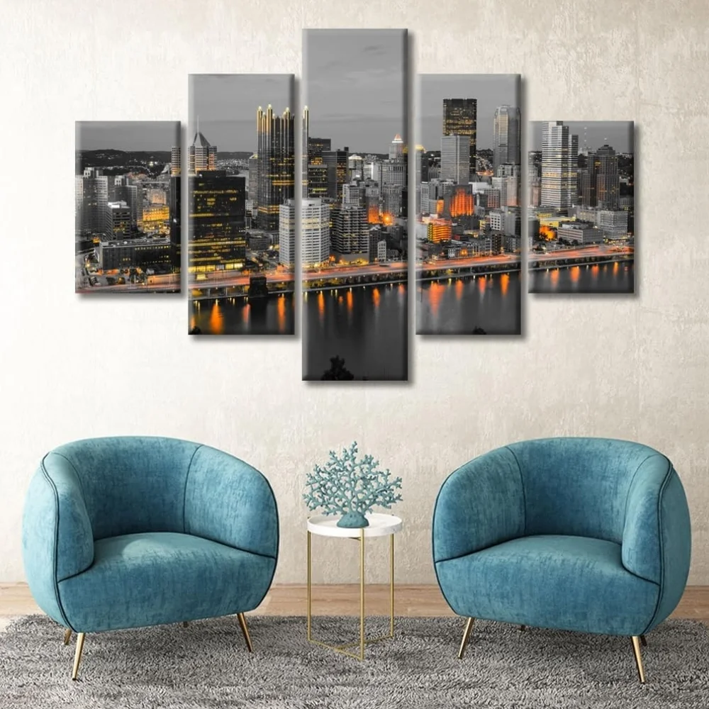 TISHIRON 5PCS Framed City Skyline Landscape Theme Canvas Wall Art Set,60