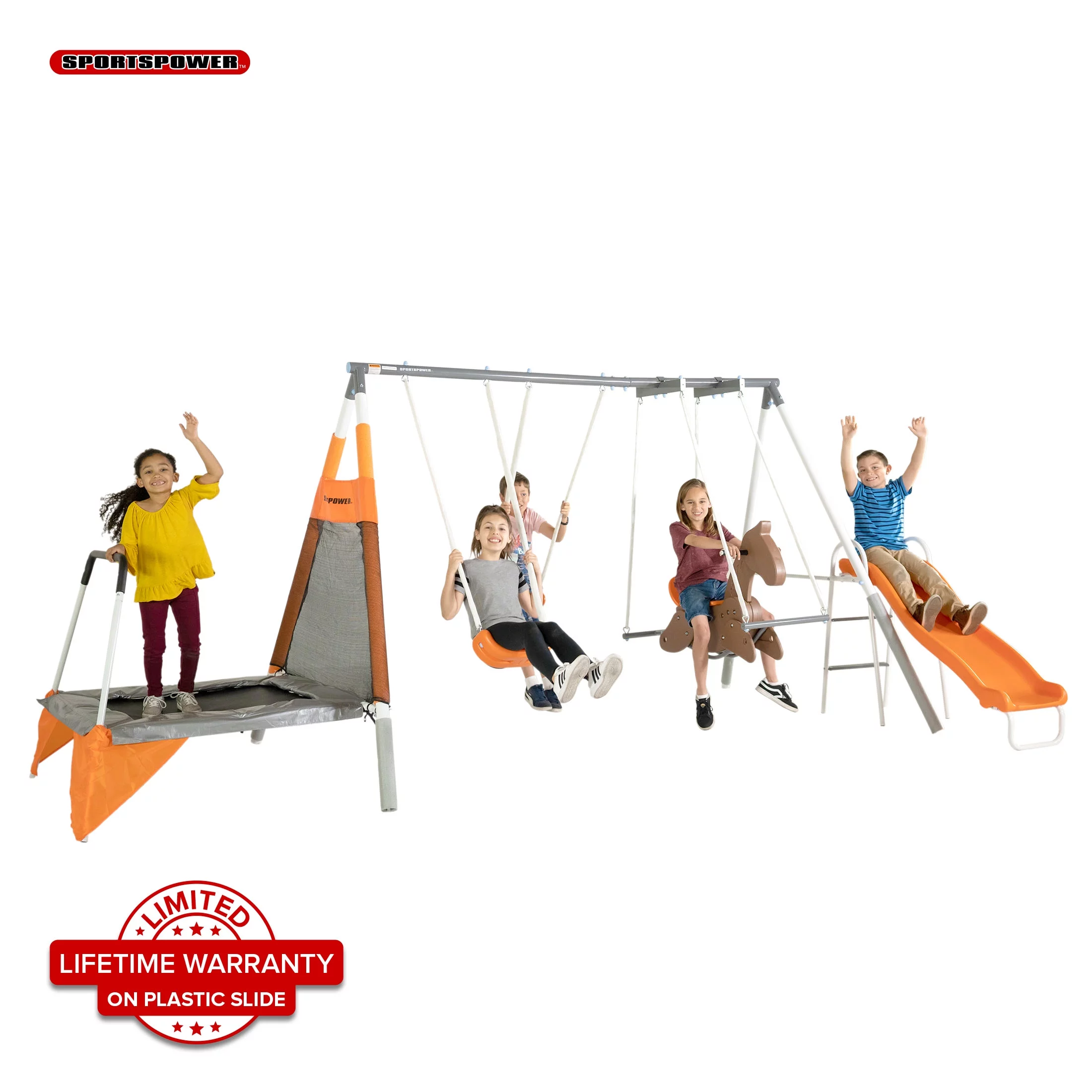 Sportspower Fairview Swing Set with 2 Swings, Rocking Horse, Mini Trampoline, and Lifetime Warranty on Blow Molded Slide