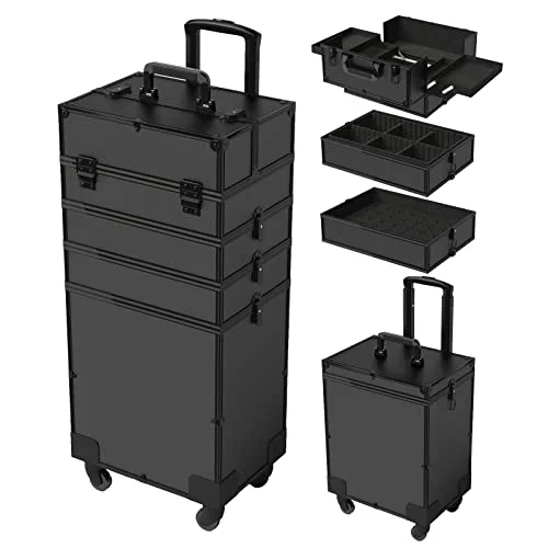 5 in 1 Rolling Makeup Train Case Professional Large Storage Cosmetic Trolley Makeup Organizer Makeup Travel Case with Key Swivel Wheels Salon Barber Case Traveling Cart Trunk, 32.7