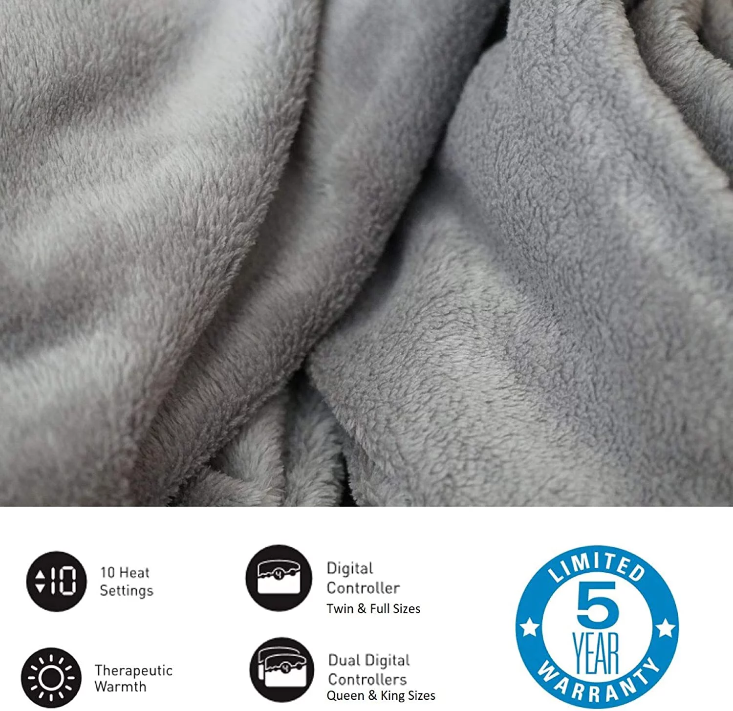 Micro Plush Electric Heated Blanket With Digital Controller, King, Grey