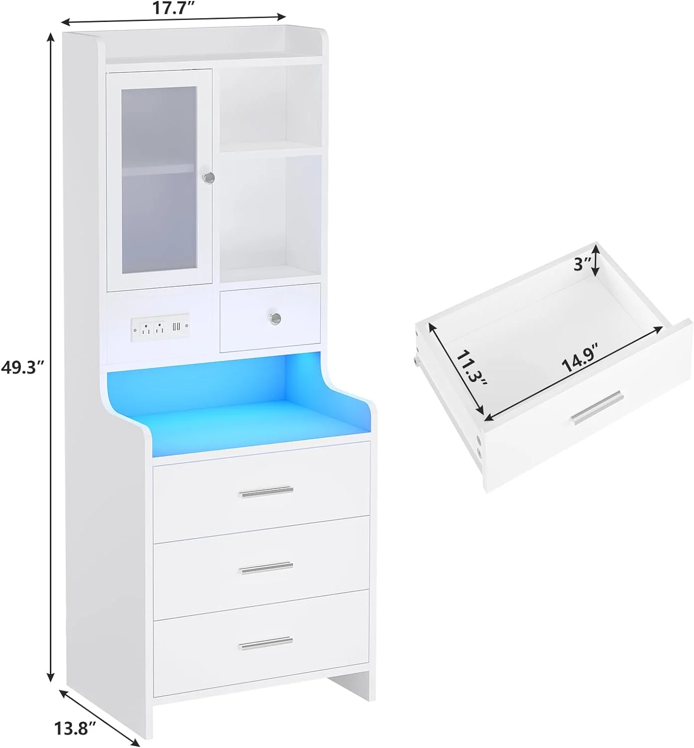 LED Nightstand Bedside Table with Charging Station and 3 Drawers, Modern End Side Table with LED Lights and Door for Bedroom, White