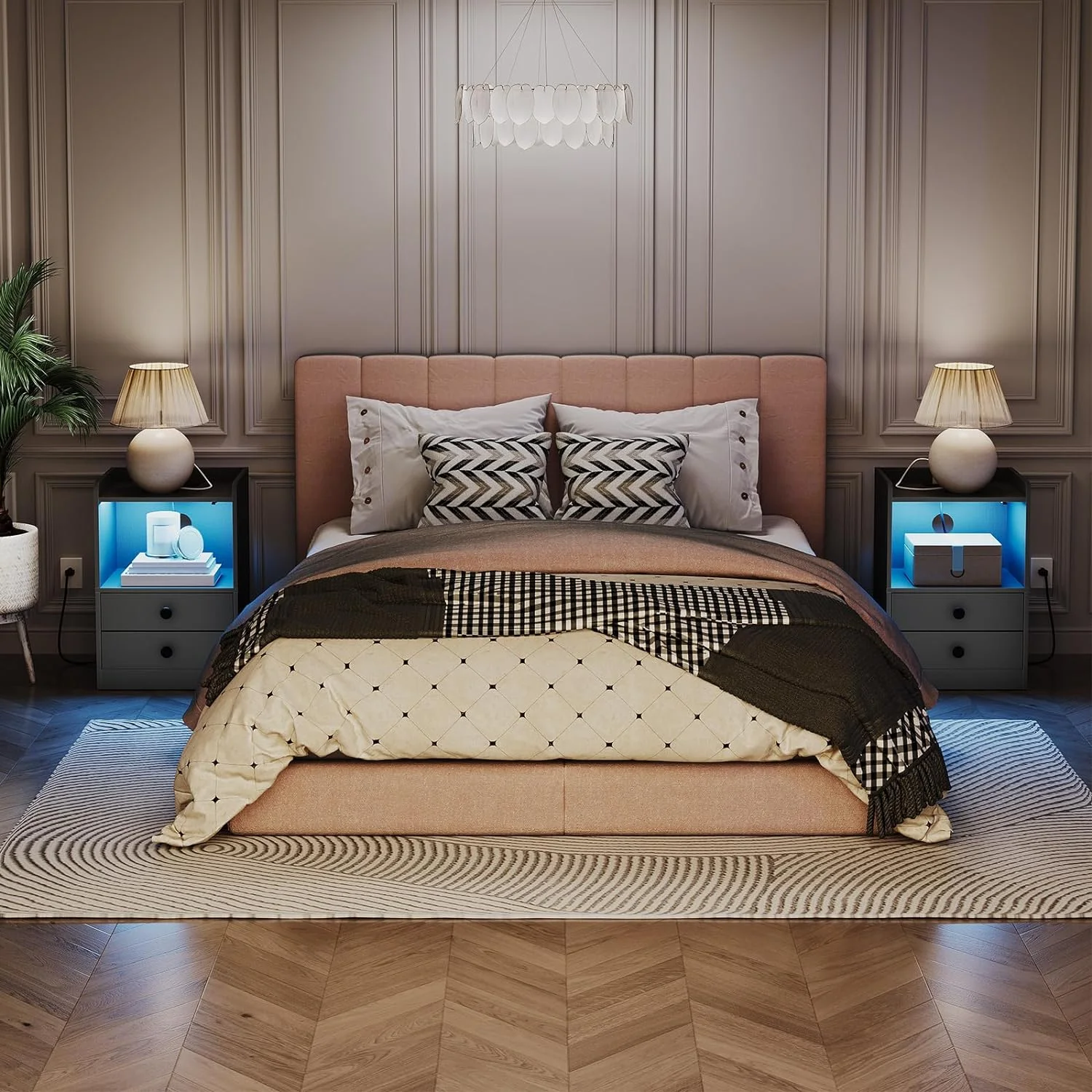 HOOBRO Set of 2 Nightstand with Charging Station and LED Light Strip Side Table with 2 Drawers Bedroom Cloakroom Black BK28UDBZP201