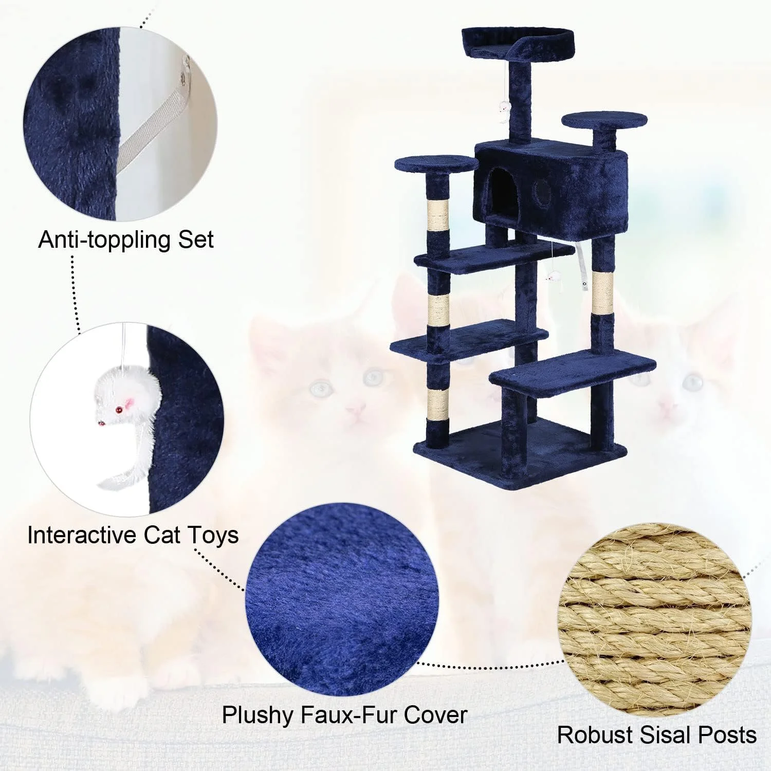 Dkelincs 54 inch Cat Tree with Cat Scratching Posts, Multi-Level Cat Condo Tower Play House, Navy Blue