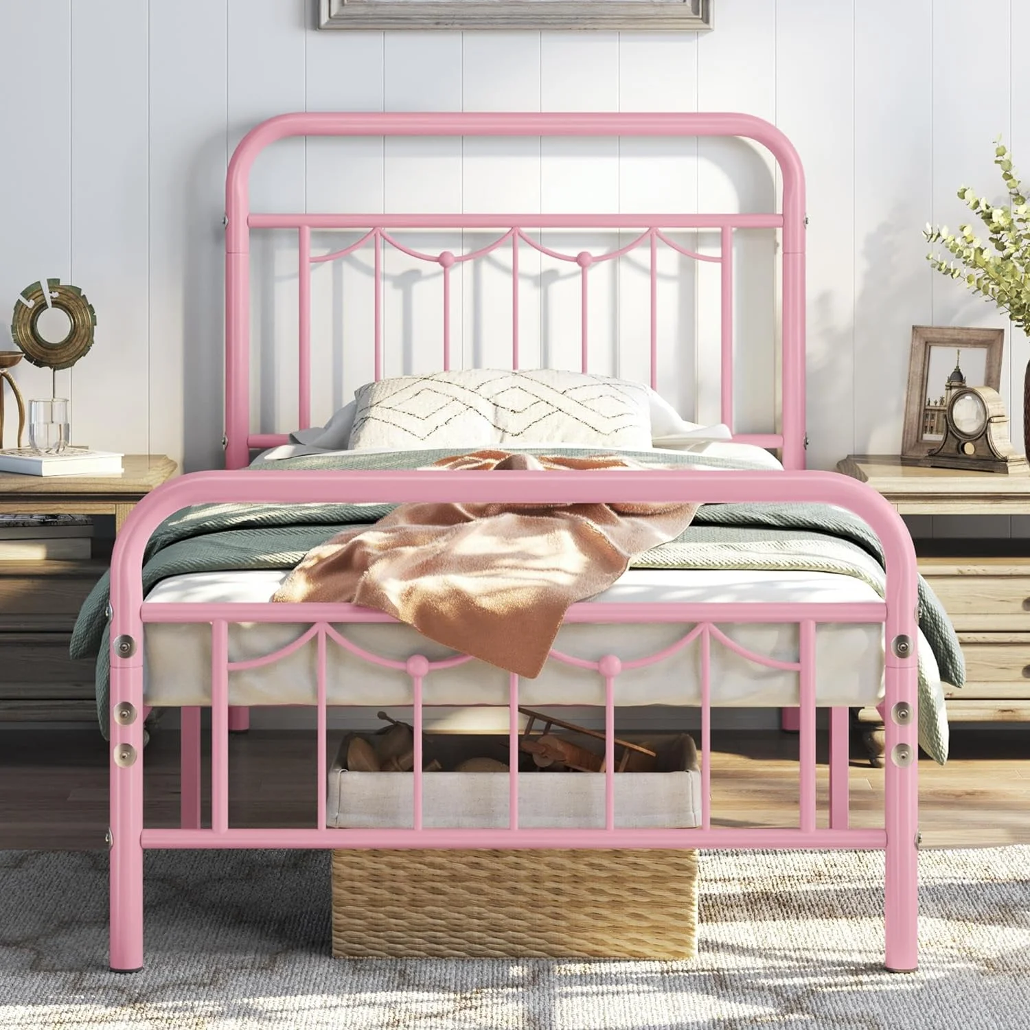 HYHBIBOOM Twin Size Metal Bed Frame with Vintage Headboard and Footboard  Farmhouse Metal Platform Bed  Heavy Duty Steel Slat Support  Ample Under-Bed    Noise   Box Spring Needed  Pink