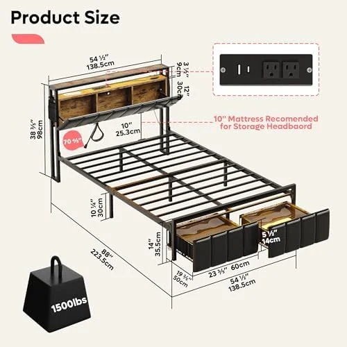 xrboomlife Queen Bed Frame with Hidden  Headboard  Upholstered Platform Bed with 2 Dustproof Drawers  2 Tier Shelves with Charging Station  Dual LED Lights  No Box Spring Needed  Easy Ass