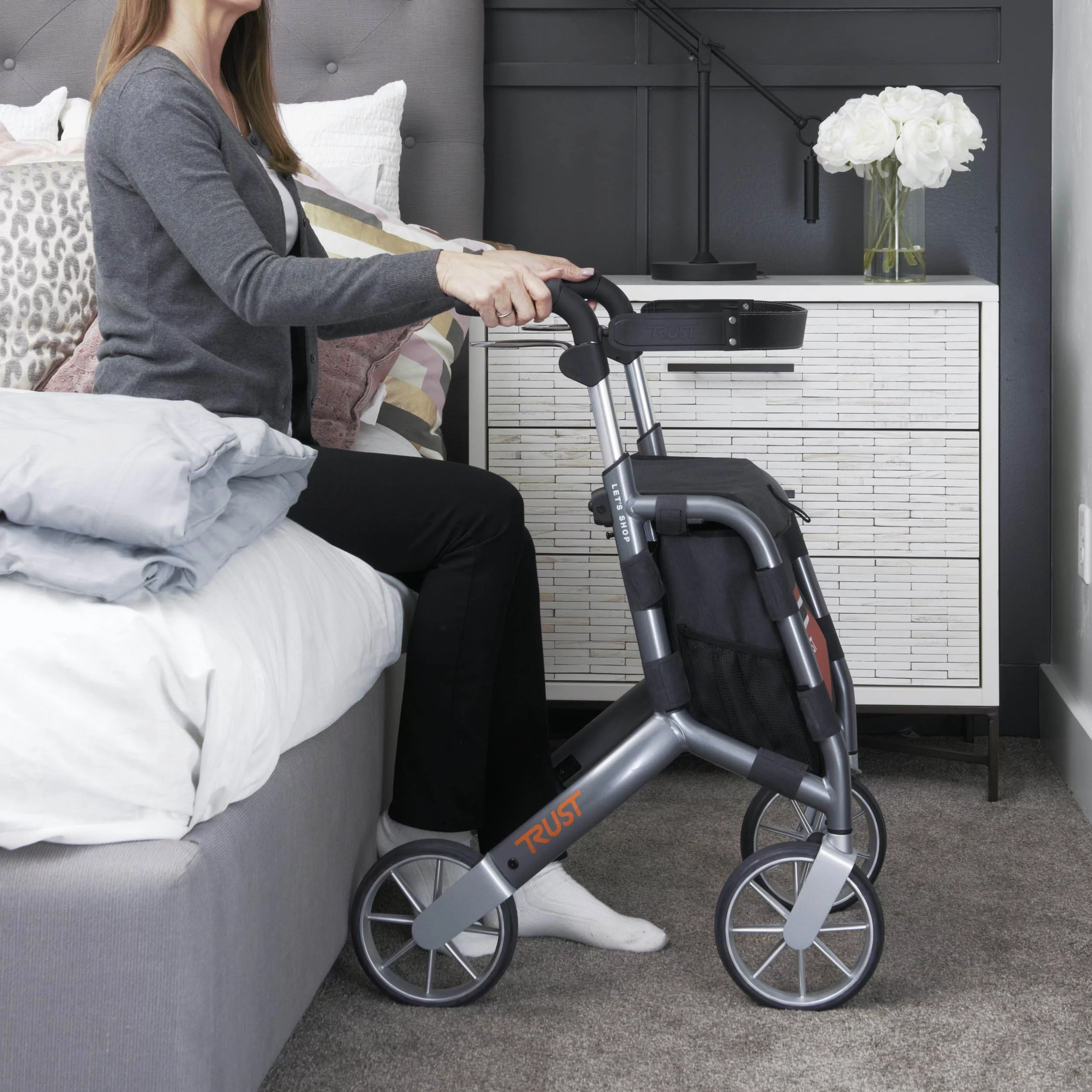 Let's Shop Rollator, Four Wheel Portable Walker with Storage Bag, Gray