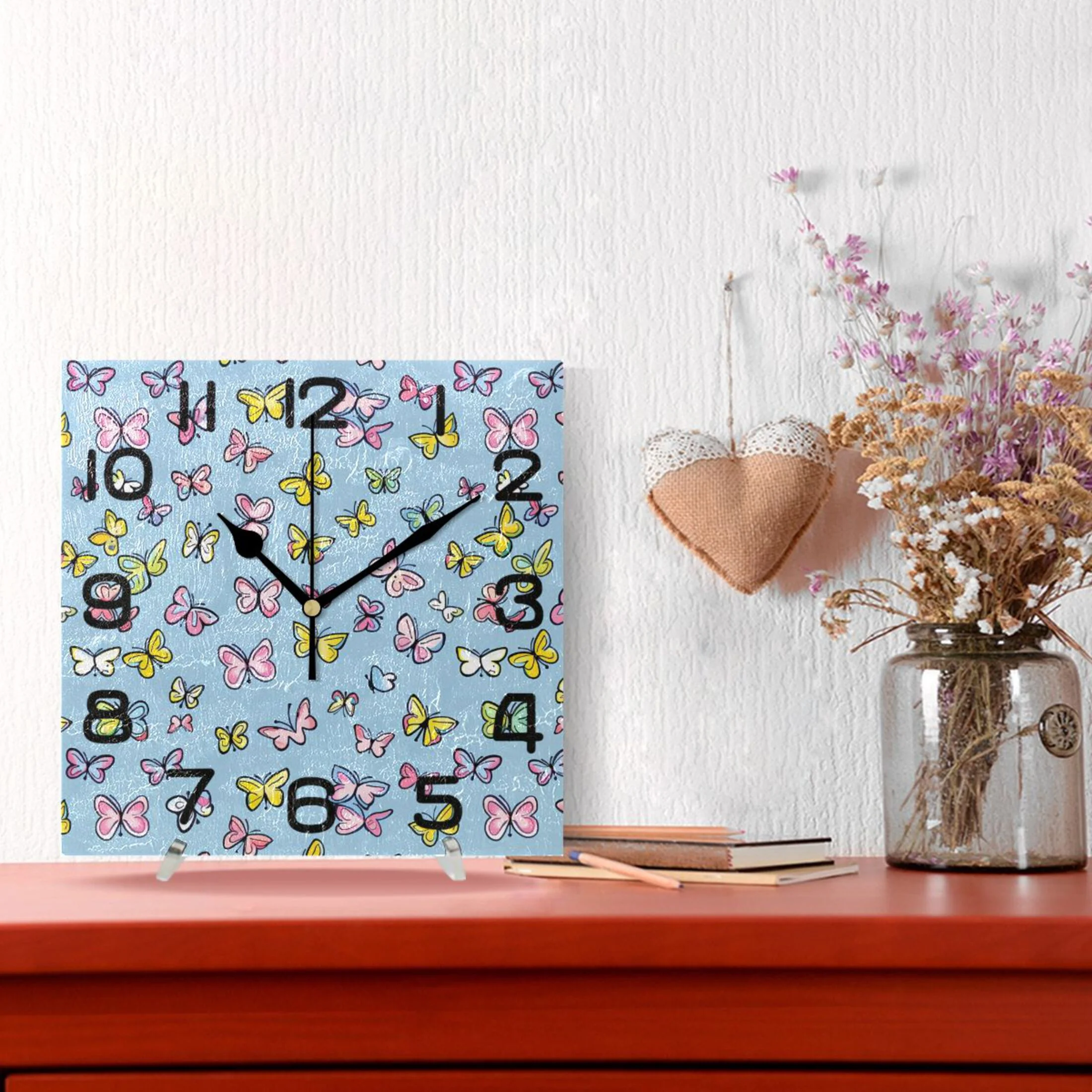 Wall Clock Square Silent Non-Ticking Butterfly on Blue Retro Battery Operated Clock 7.78 inch Home Kitchen Office Decoration