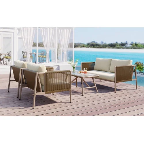 COSVII 4-Piece Rope Sofa Set with Thick Cushions and Toughened Glass Table, All-Weather Patio Furniture Set With Loveseat, Beige
