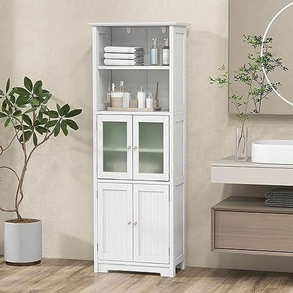 ZWNLKQG Tall Bathroom  Cabinet  Freestanding Kitchen Pantry Cabinet with Glass Doors and Adjustable   64\u201D Wooden Linen Floor Cabinet for Bathroom  Living Room  Kitchen (White)