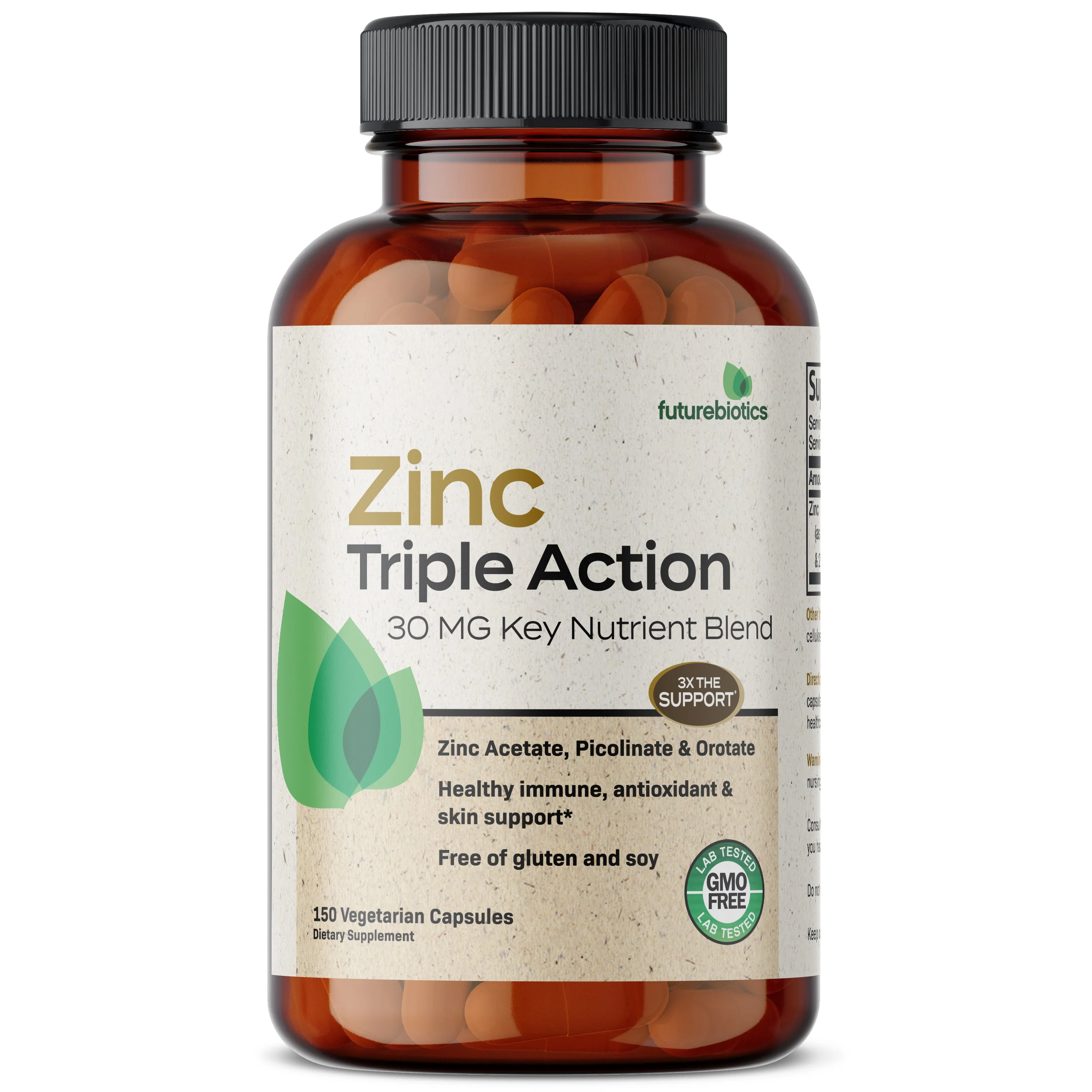 Futurebiotics Zinc Triple Action 30mg Key Nutrient Blend Immune Support Zinc Supplement with Zinc Acetate, Picolinate & Orotate - Immune, Antioxidant & Skin Health Support, 150 Vegetarian Capsules