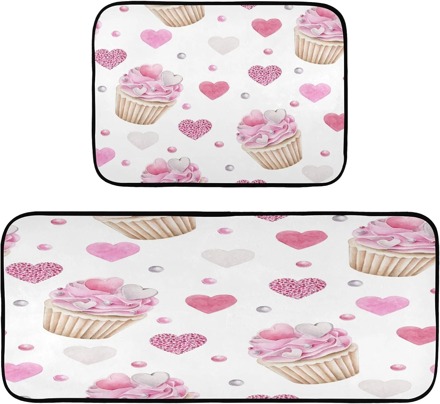 Bestwell 2 Pieces Valentine's Day Kitchen Rug Non-Skid Backing Mat for Doorway Kitchen Bathroom Runner Rug Set, Romantic Hearts Cupcake Design (19.7