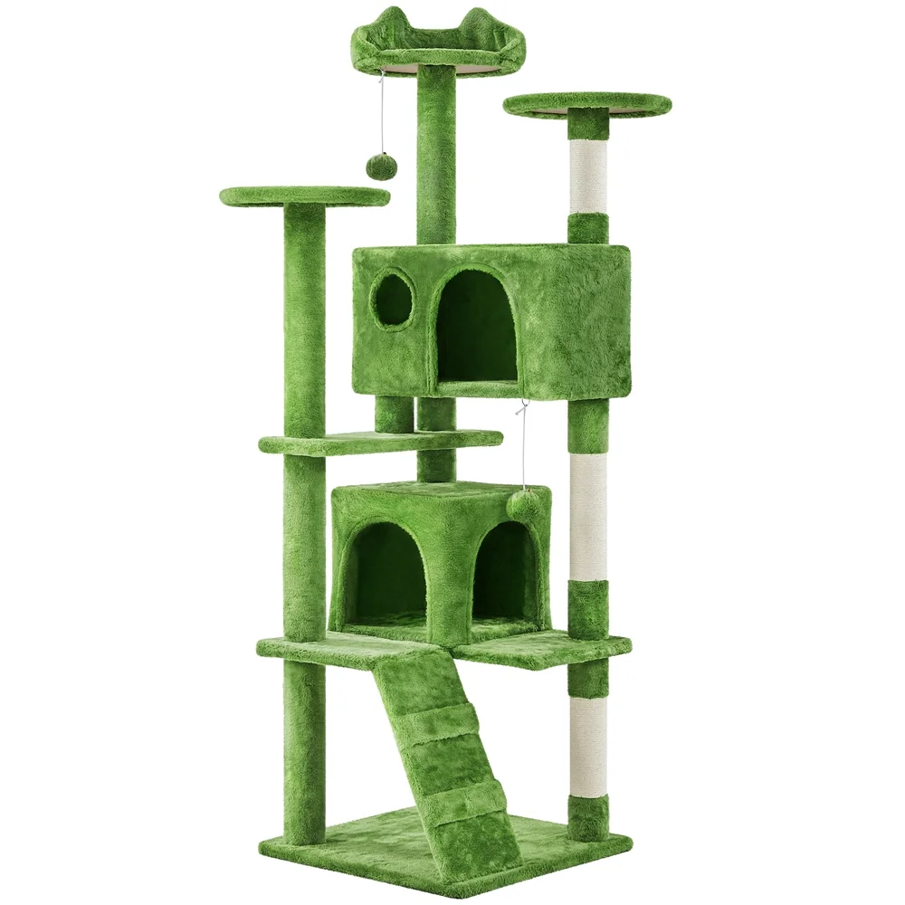 Smile Mart 62.5'' Height Multilevel Cat Tree with 2 Condos for Kittens/Small Cats, Green
