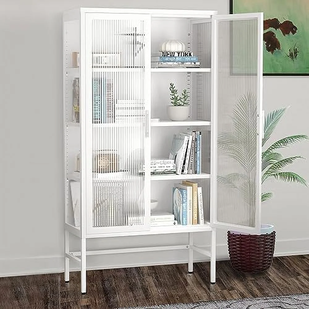 HYHBIBOOM 4-Tier Bookshelf Bookcase with 4 Doors 59'' Tall  Cabinet with Open  and Tempered Glass Door Adjustable Shelves for Living Room Bedroom Study Office Book Organizer