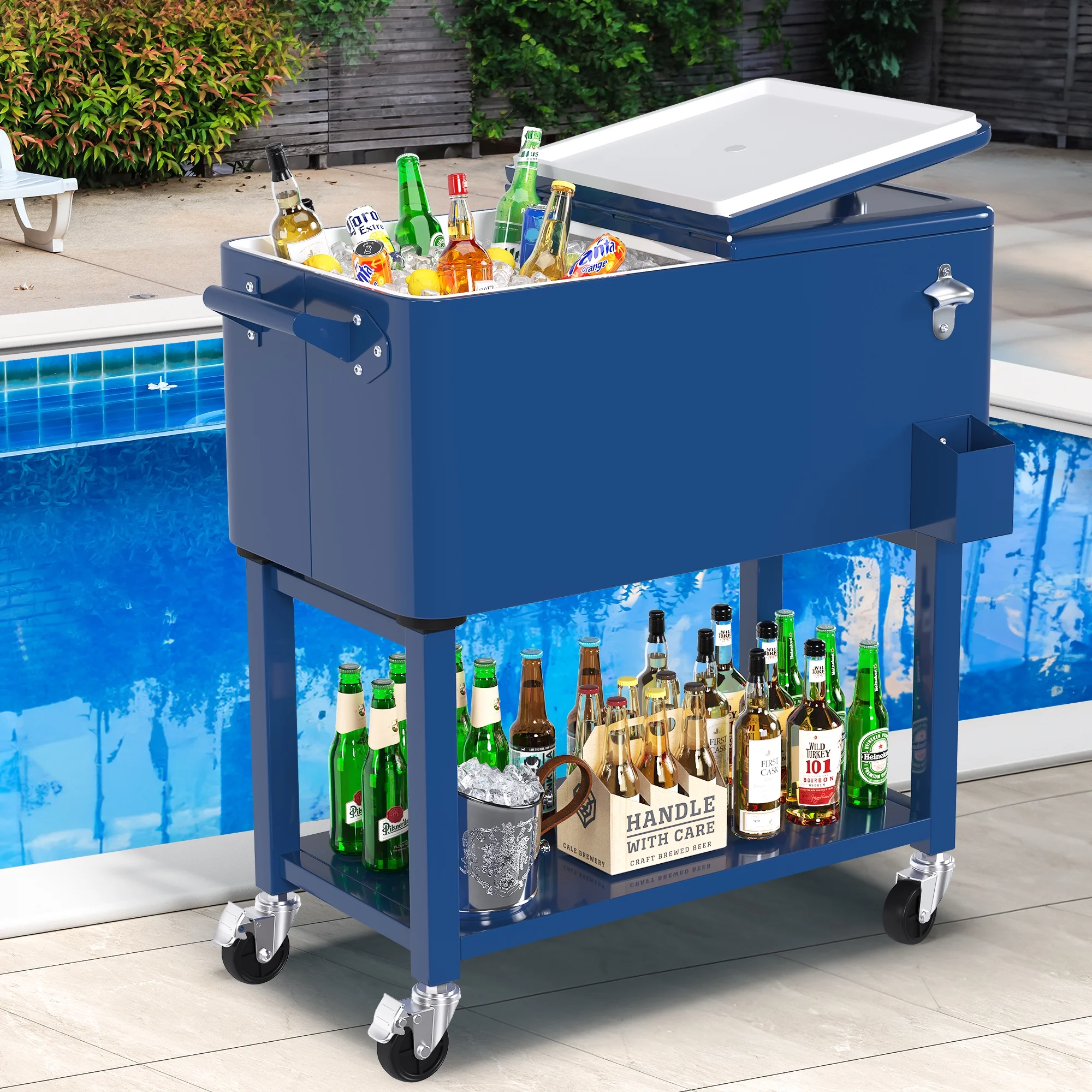 Dextrus 80 Quart Outdoor Rolling Cooler Cart with Bottle Opener Drainage, Portable Beverage Rolling Cart with Tray on 360° Swivel Wheels, Blue