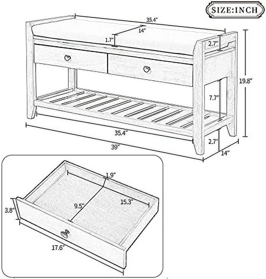 ZWNLKQG Entryway  Bench with Cushioned Seat Shoe Rack with 2 Drawers and    Antique Navy