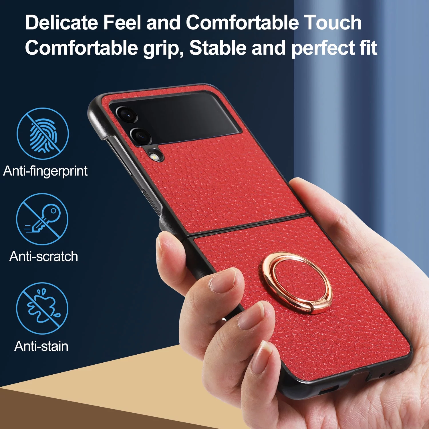 SaniMore for Samsung Galaxy Z Flip 3 Multi-Functional Case, PU Leather Magnetic Cover Built-in Car Mount & Foldable & Adjustable Metal Ring Kickstand Military Grade Protective Shell, Orange