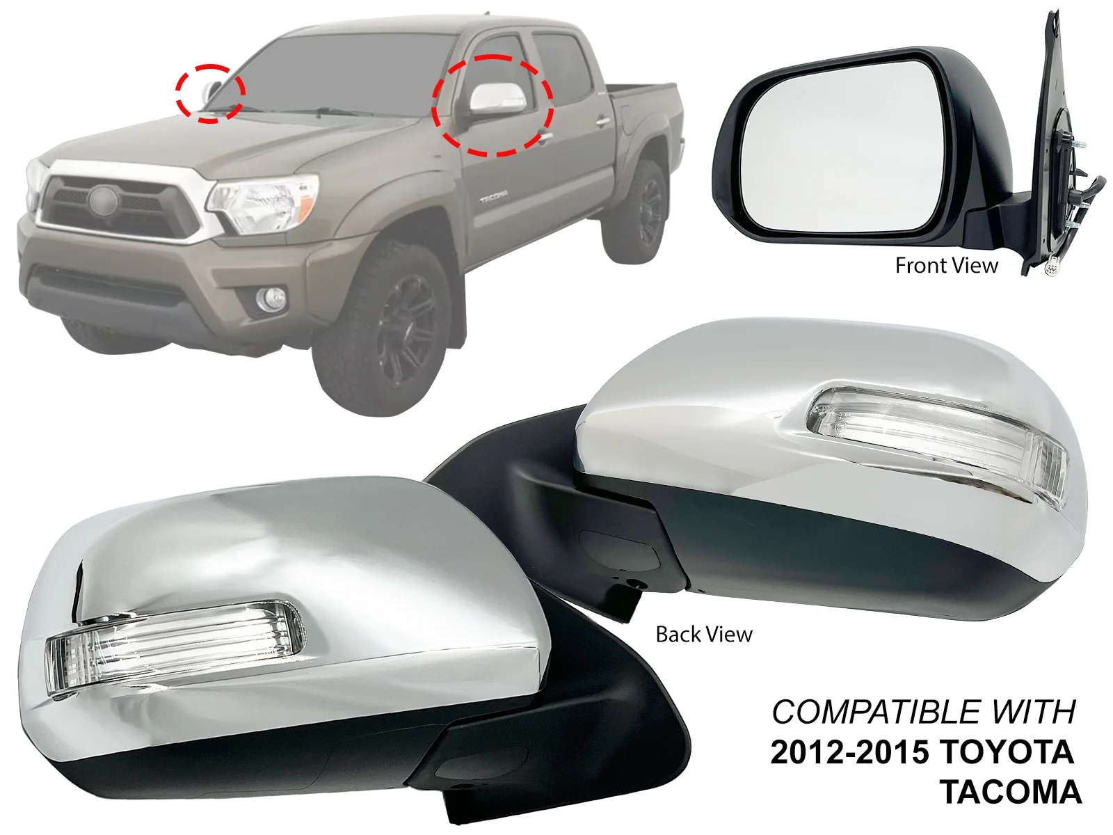 APA Replacement for Exterior Rear View Mirror 2012 - 2015 TACOMA Power Non-Heated with Signal Light Chrome Cap Pair Passenger and Driver Sides