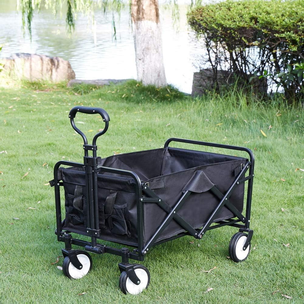 Collapsible Folding Wagon Cart With Wheels, Picnic Camping Cart Garden Beach Shopping Cart Wagon Outdoor Utility Wagon With Adjustable Handle For Park Beach Garden (Black)