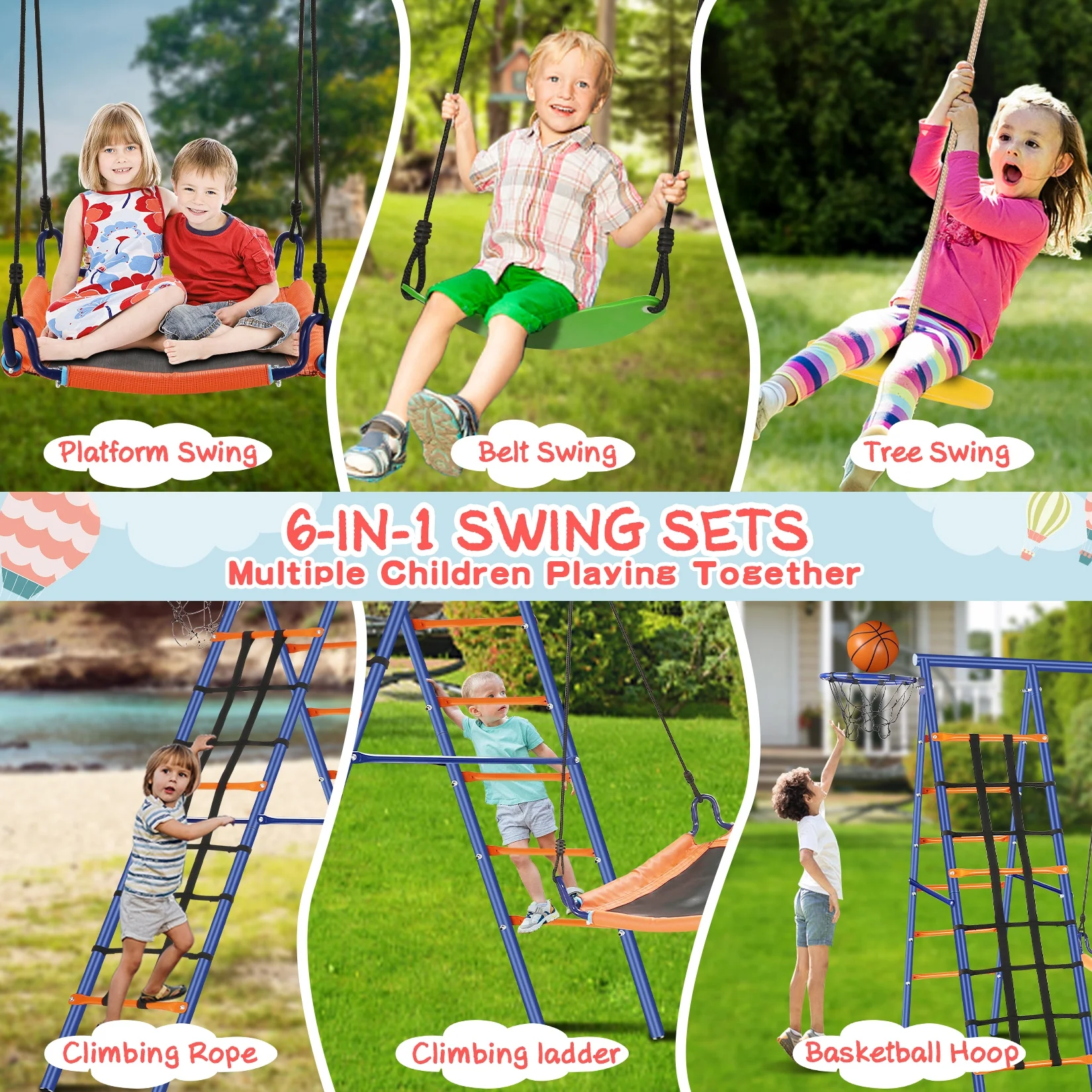 Veeboto Swing Set for Kids, 5-in-1 Multifunctional 440lbs Swing Seat with Saucer Swing, Belt Swing, Disc Swing & 2x Climbing Ladder, Heavy Duty Rustproof A-Frame Metal Outdoor Swing Set for Backyard