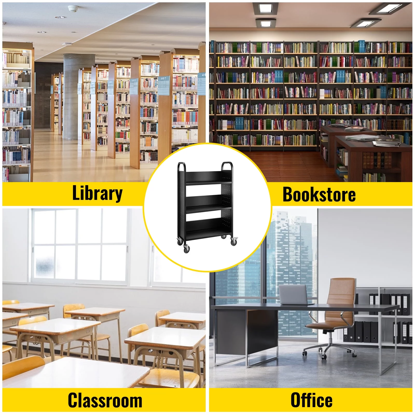 BENTISM Book Cart,Single Sided L-Shaped 200lbs Rolling Library Cart in Black