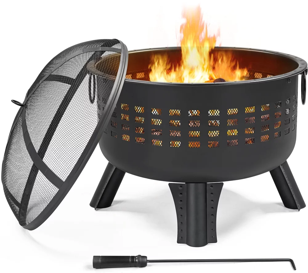 Topeakmart 25'' Round Outdoor Fire Pit Lattice Pattern Portable Fire Bowl with Spark Screen Fire Poker, Black