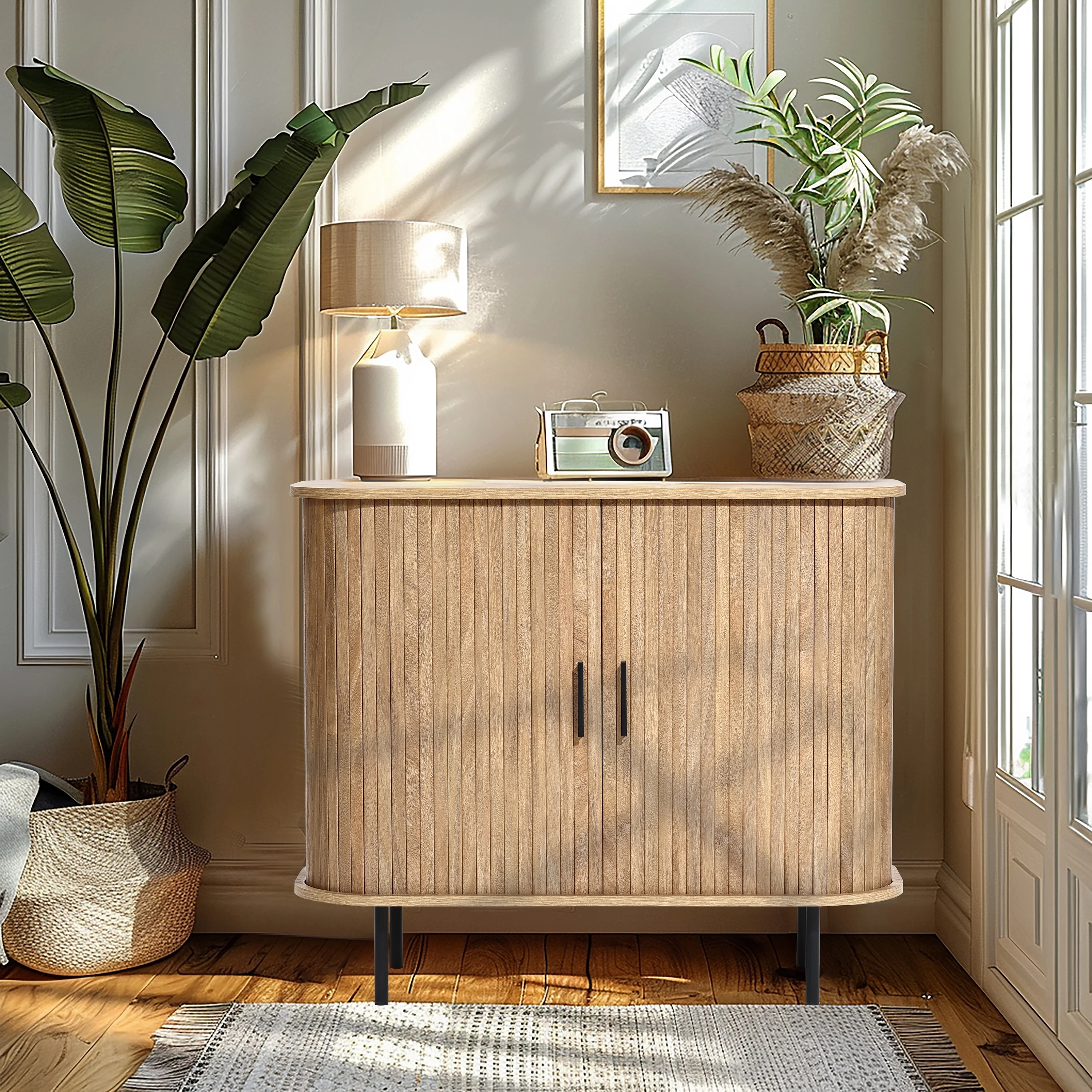 LuxenHome Mid-Century Modern 2-Door Accent Cabinet with Slatted Sliding Doors