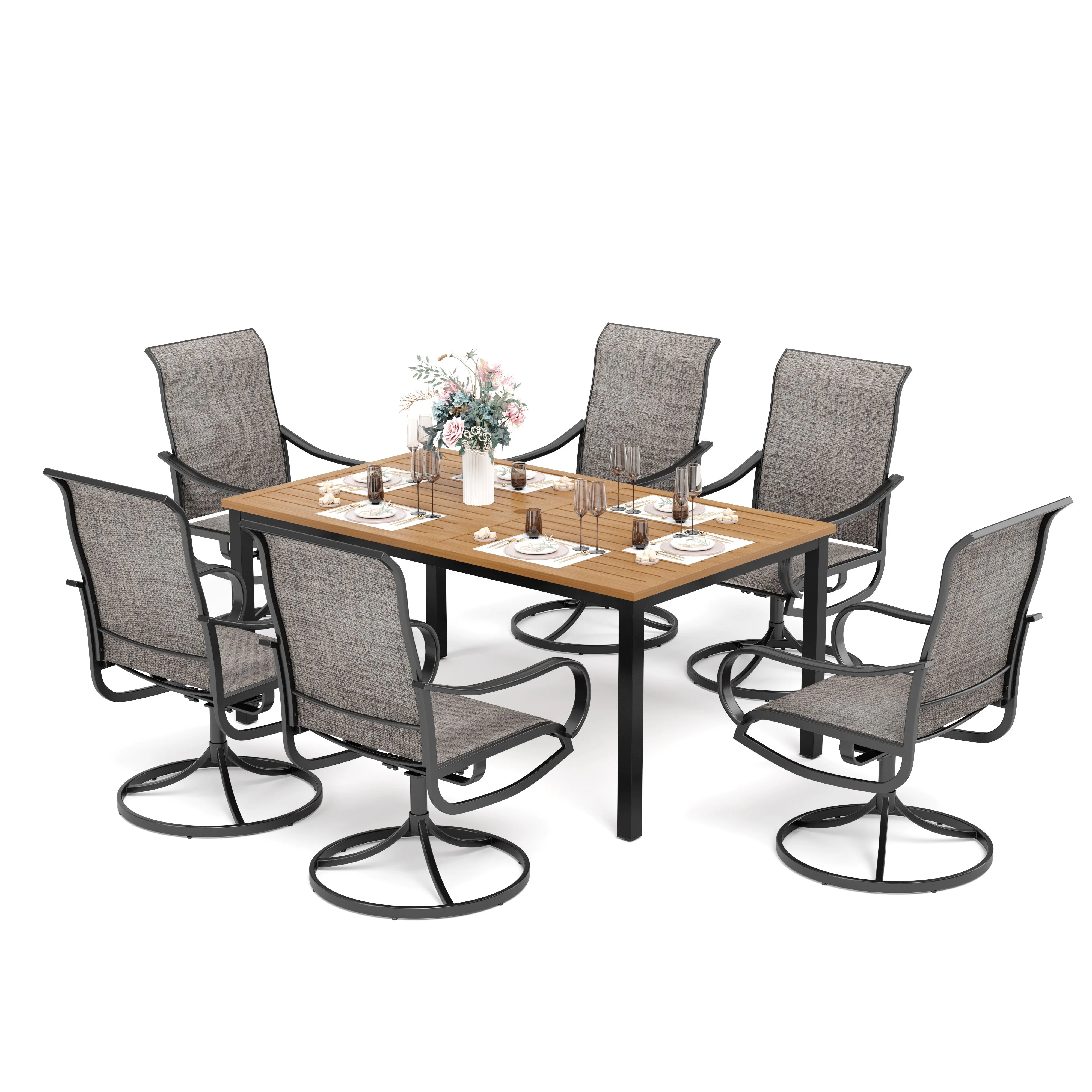 Sophia & William 7-Piece Outdoor Patio Dining Set Highback Textilene Chairs and Teak-grain Table Set