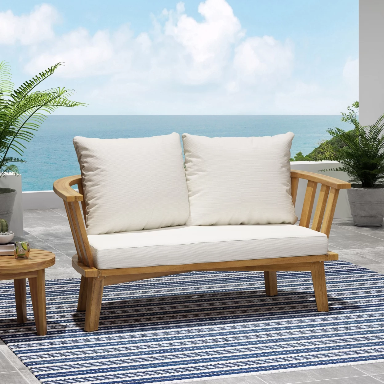GDF Studio Lennon Outdoor Acacia Wood Loveseat with Cushions, White and Teak