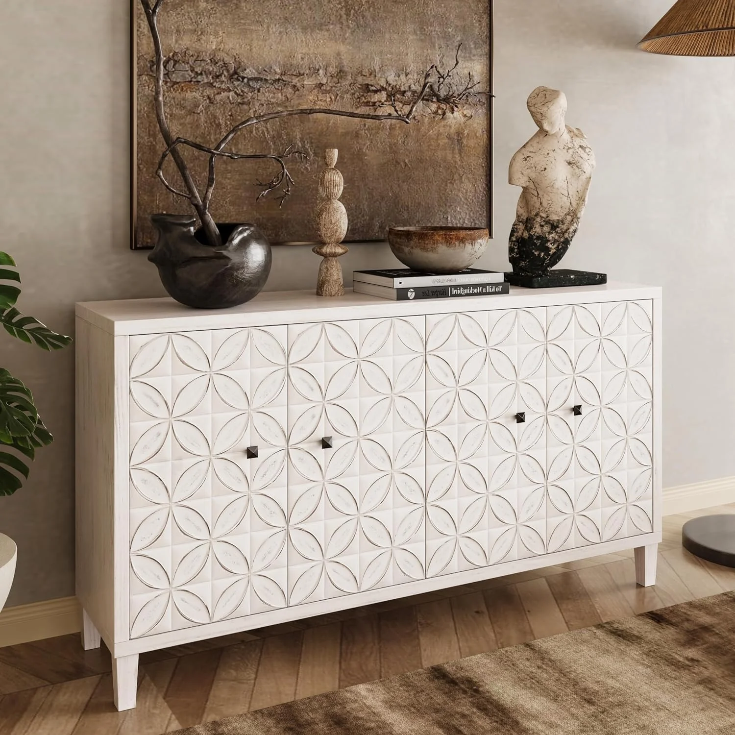 Caulitar Accent Cabinet 4 Door Wooden Cabinet Sideboard Buffet Server Cabinet Storage Cabinet, for Living Room, Entryway, Hallway, Office, Kitchen and Dining Room, White Wash