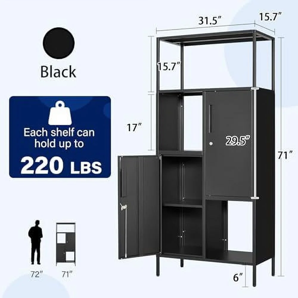 TJCGDTY 5-Tier Bookshelf  Tall Bookcase with Doors  Industrial Display Standing  Units with Lock & Wheel  Metal  Shelves for Living Room  Bedroom  Home Office (Black)