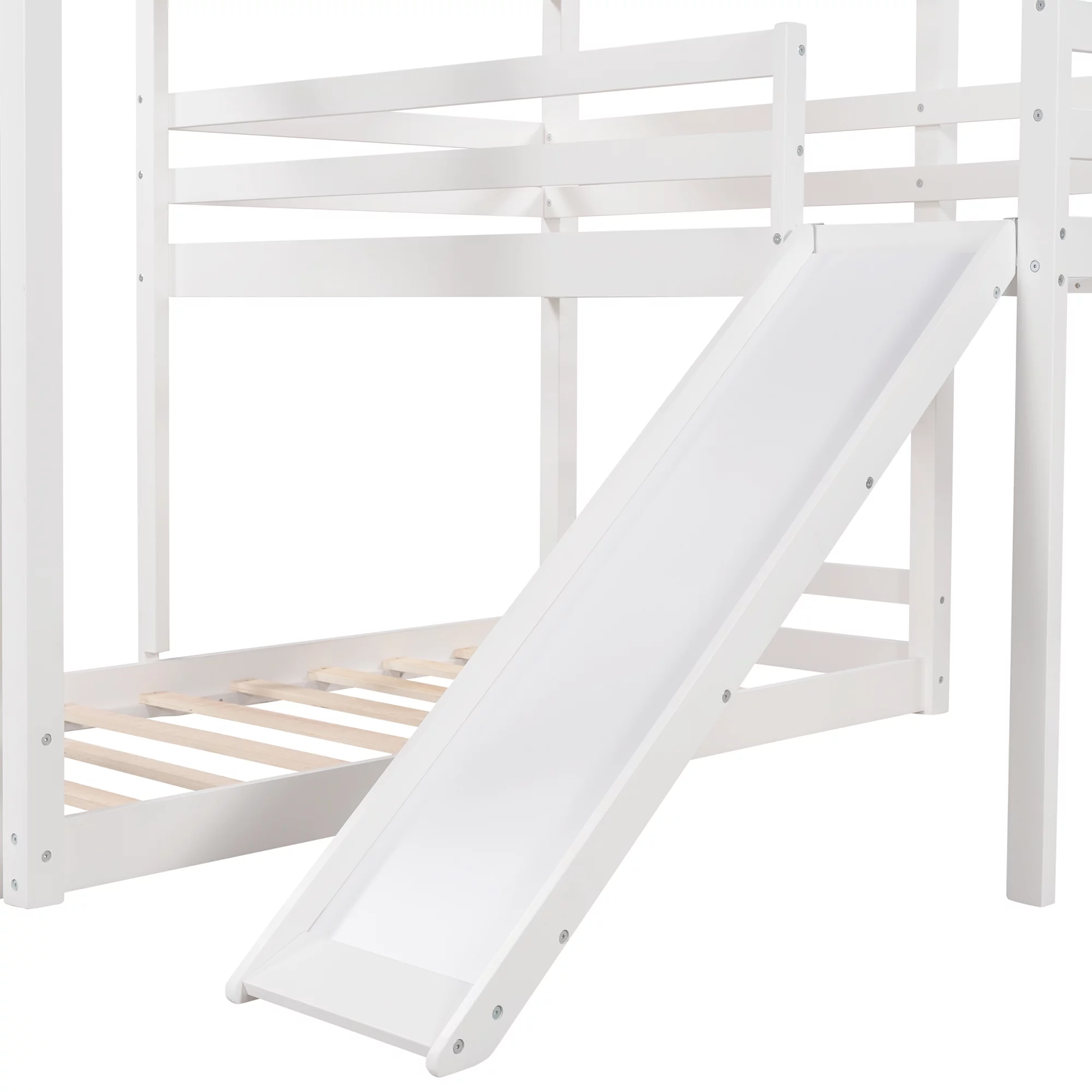 Euroco L-Shaped Twin Over Twin Over Twin Bunk Bed, Triple Bed with Slide & 2 Ladders, White