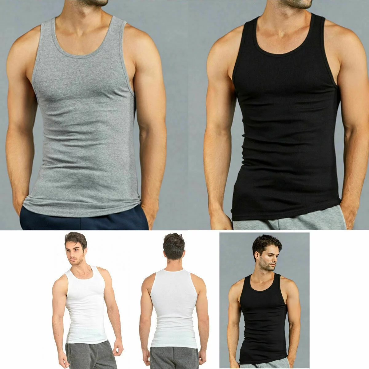 6 Pc 100% Premium Cotton Assorted Mens A-Shirt goyoma Ribbed Tank Top Undershirt , SIZE:2XL GRAY&WHITE MIXED