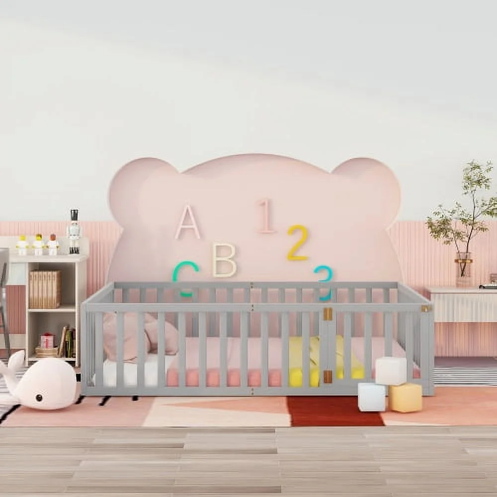 DremFaryoyo Twin Size Wood Floor Bed Frame with Fence and Door  Walnut(OLD SKU  WF289661AAL)