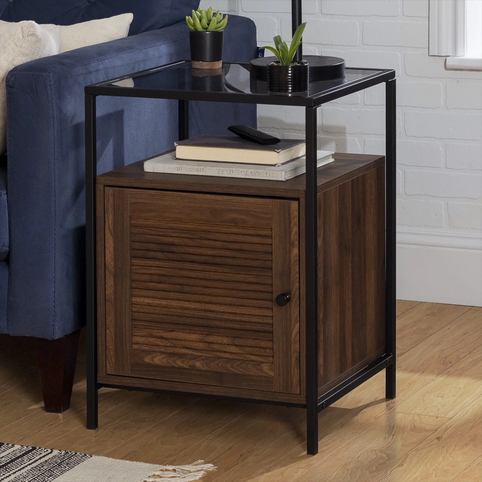 Burke Modern Glass Top Fluted Door Dark Walnut End Table by Manor Park