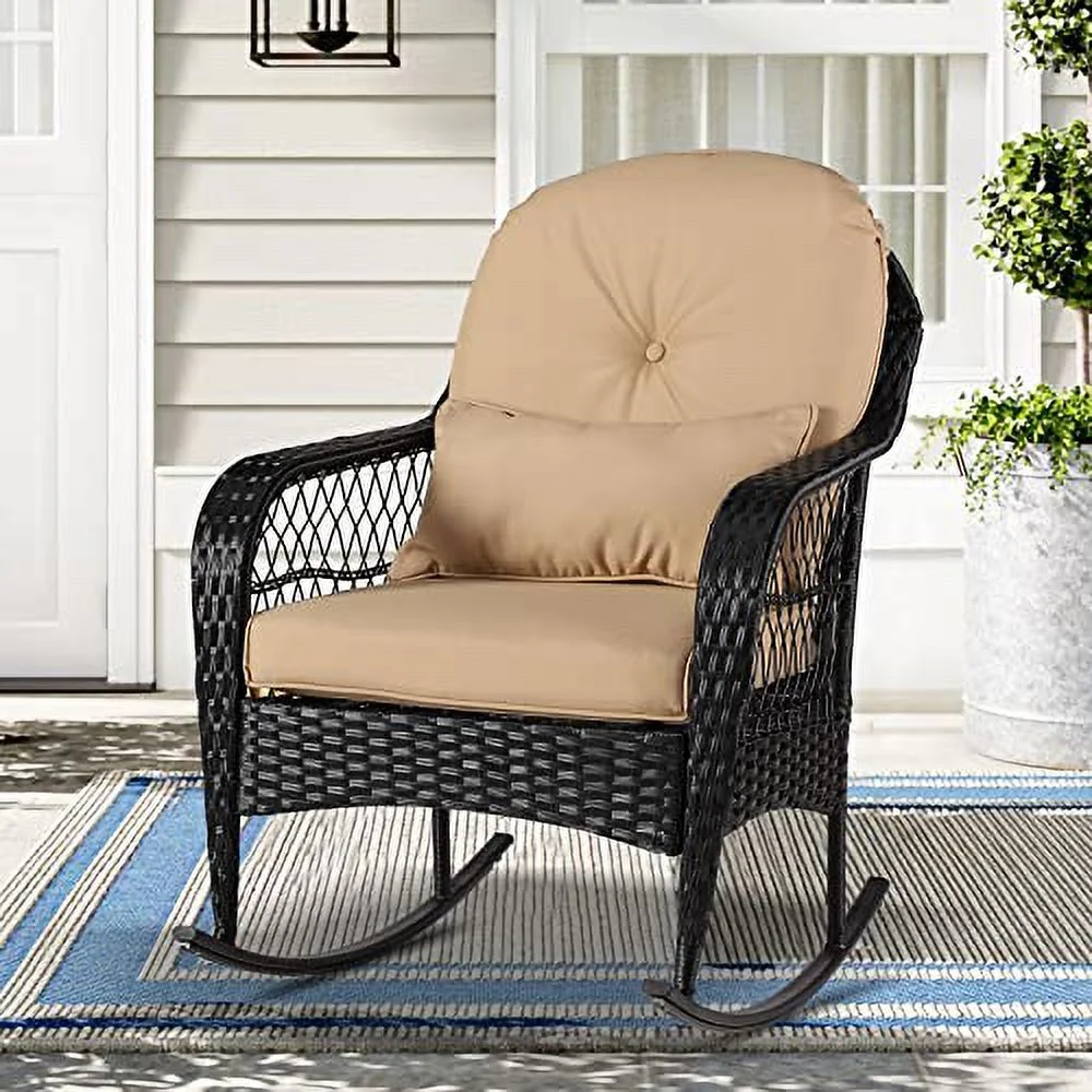B Outdoor Wicker Rocking Chair - Garden Patio Yard Porch Lawn Balcony Backyard Furniture All- Weather Wicker Rocker Chair with Cushions(1PC,Khaki)
