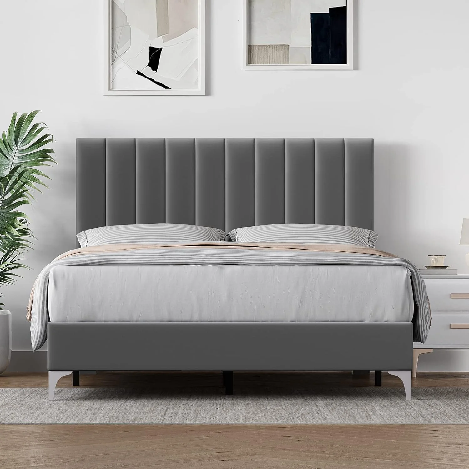 YILAN Full Bed Frame, Velvet Upholstered Platform Bed with Adjustable Headboard, Mattress Foundation with Strong Wooden Slats, Non-Slip and Noise-Free,No Box Spring Needed,Easy Assembly,Dark Grey
