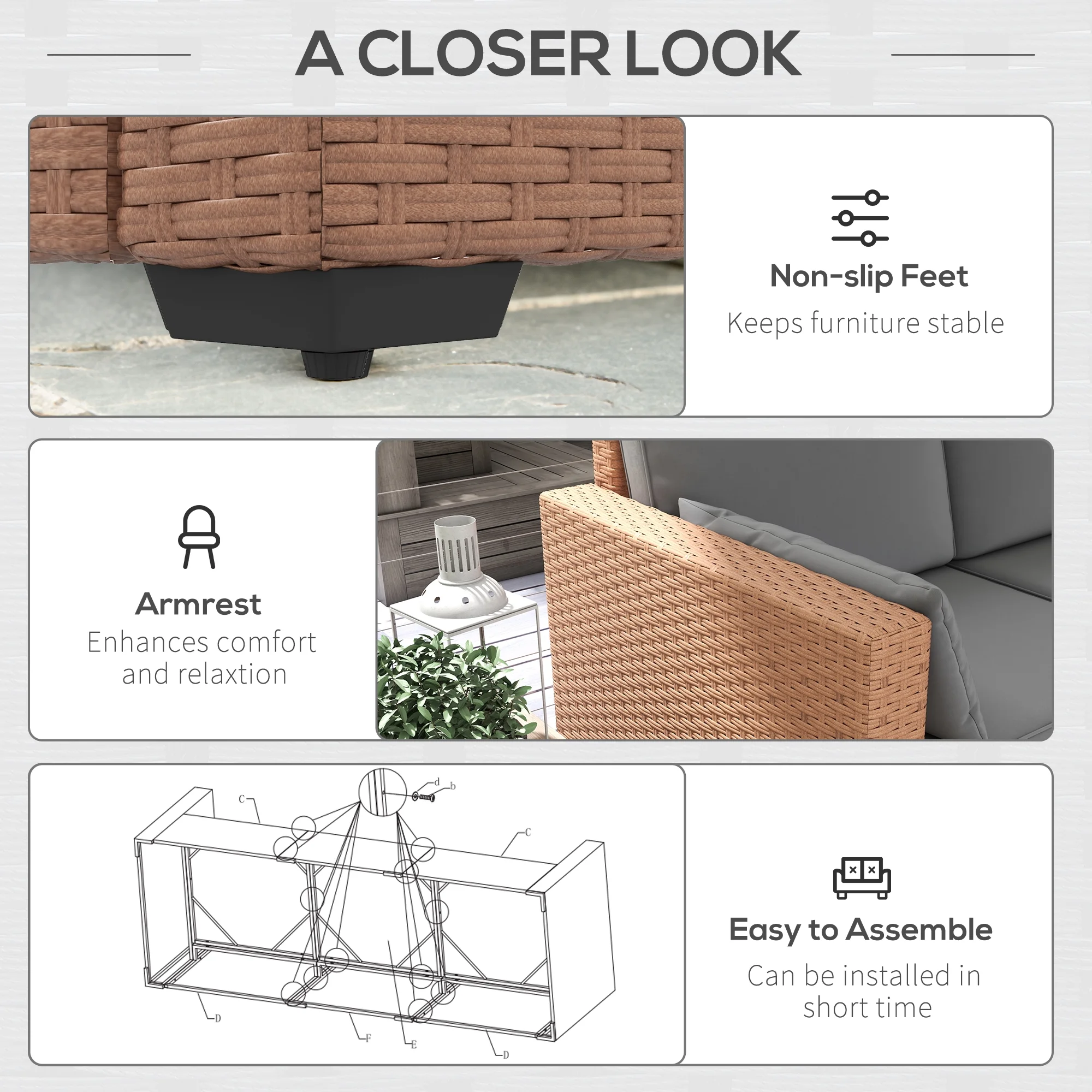 3-Seat,Weight Capacity Is 792 Pounds,Removable and Easy To Clean,comfortable,Wicker Patio Couch, PE Rattan Sofa, Outdoor Furniture with Deep Seating, Cushions, Steel Frame, Brown,Gray