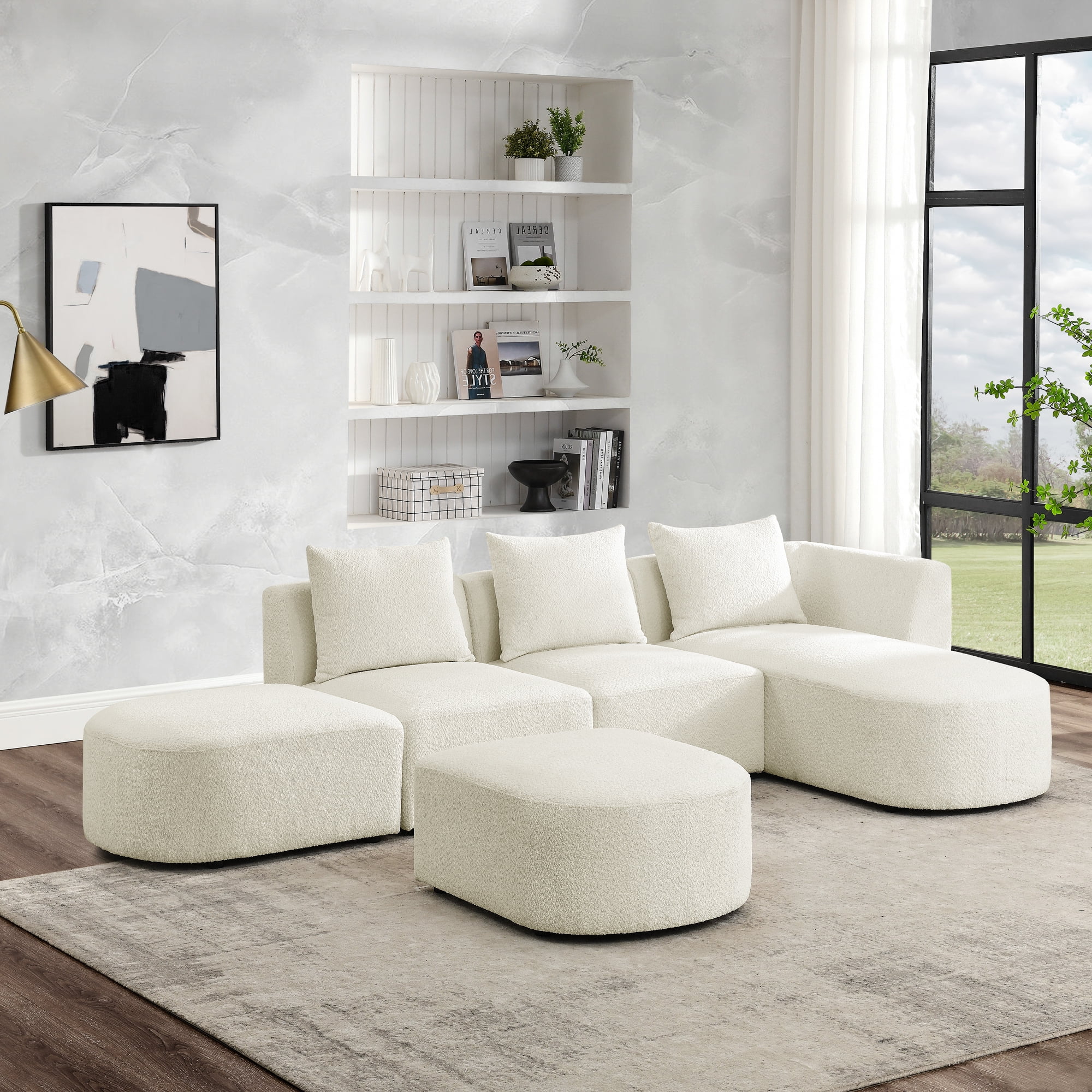 Homiyad L Shape Sectional Sofa with Right Side Chaise and Ottoman, Modular Sofa, Diy Combination, Loop Yarn Fabric, Beige