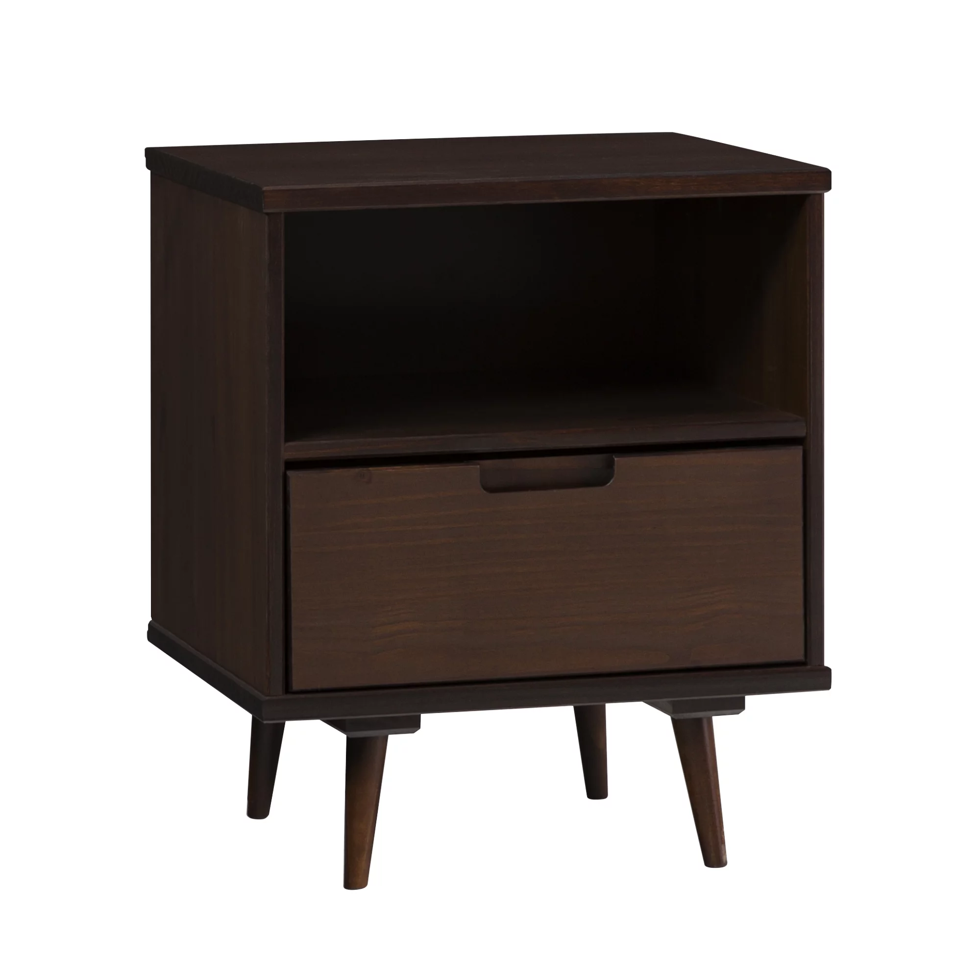 Walker Edison 24” Mid-Century Modern Groove Handle 1-Drawer Side Table, Walnut