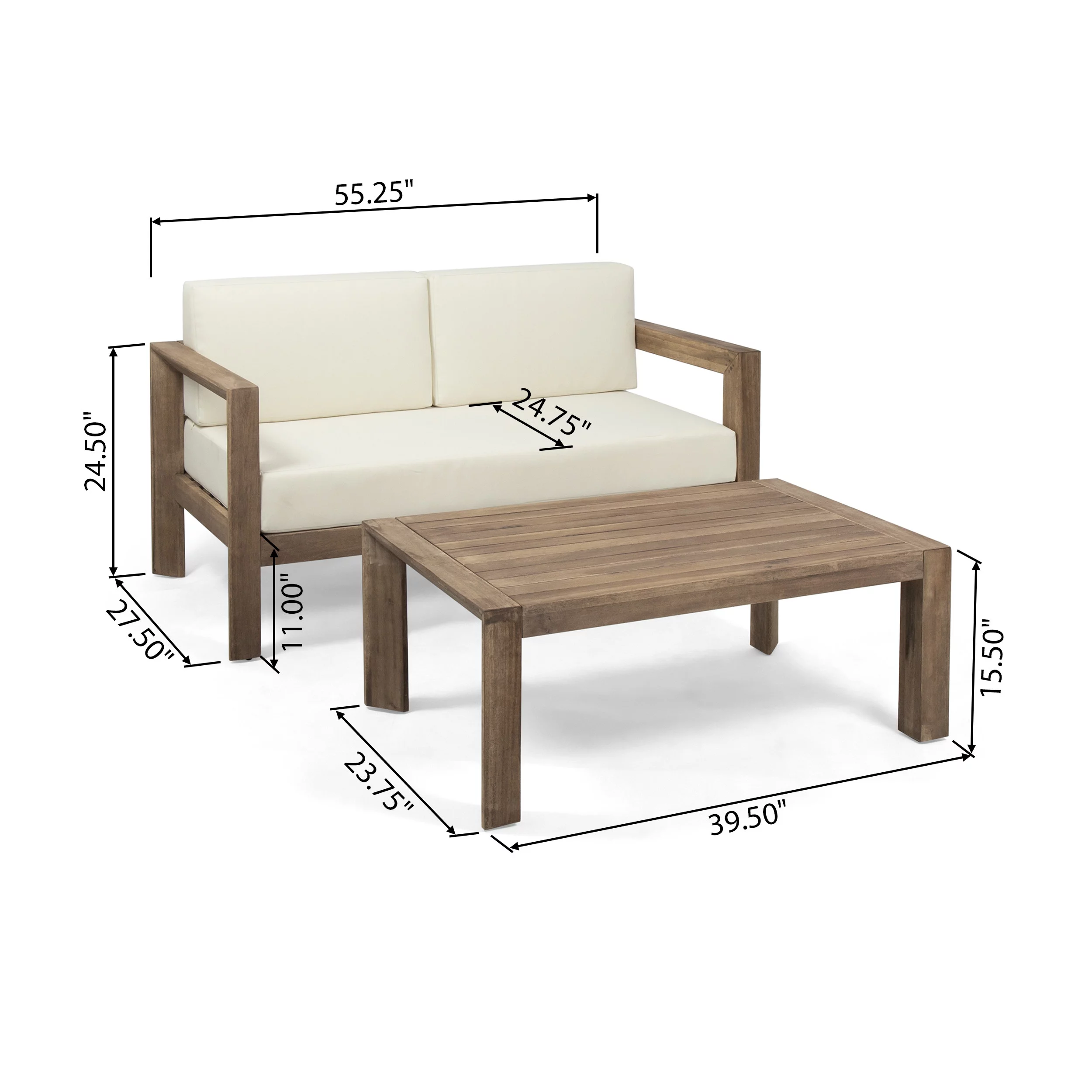 GDF Studio Lucia Outdoor Acacia Wood Loveseat and Coffee Table Set with Cushions, Beige and Brown