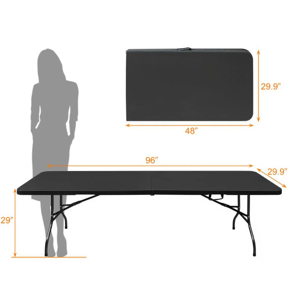 Zateety 8ft Folding Table, Portable Plastic Table for Camping, Picnics, Parties, High Load Bearing Foldable Table Black