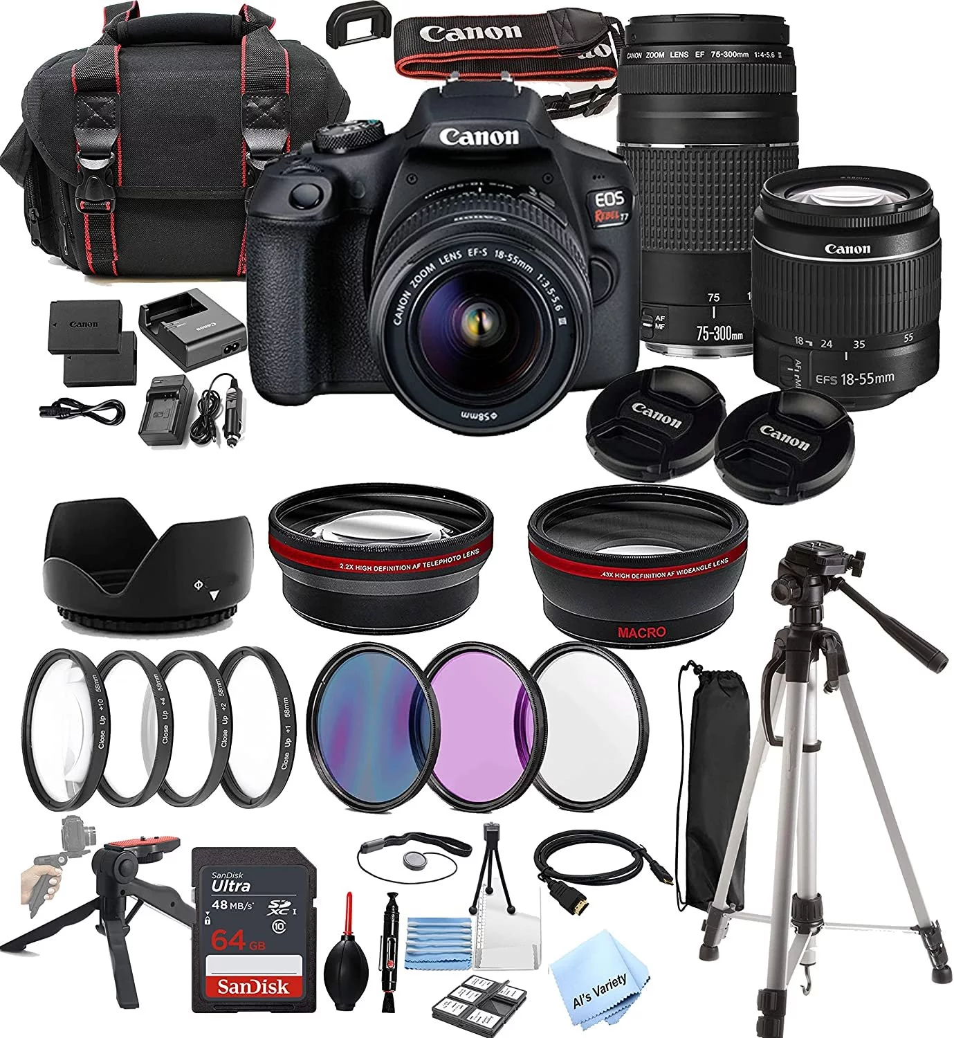 Canon EOS Rebel T7 DSLR Camera w/EF-S 18-55mm + 75-300mm Zoom Lenses + Als Variety Accessories Includes: 64GB Memory + Wide & Telephoto Threaded Lenses + Case + Tripod +Grip Pod + More 39pc Bundle