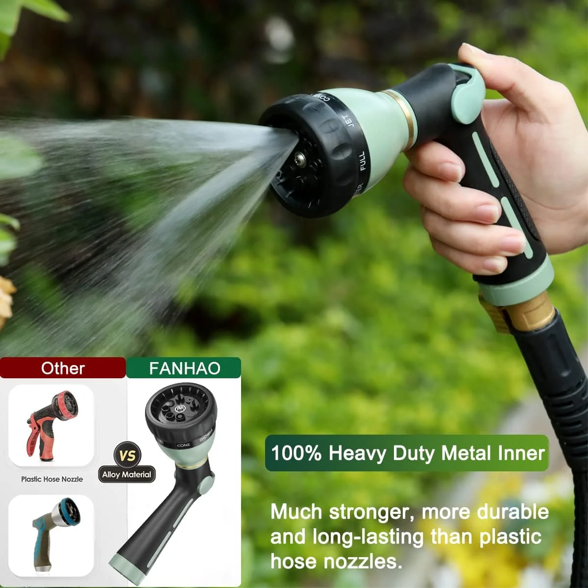 FANHAO Garden Hose Nozzle Heavy Duty, 100% Metal, 8 Spray Patterns, High Pressure with Thumb Control
