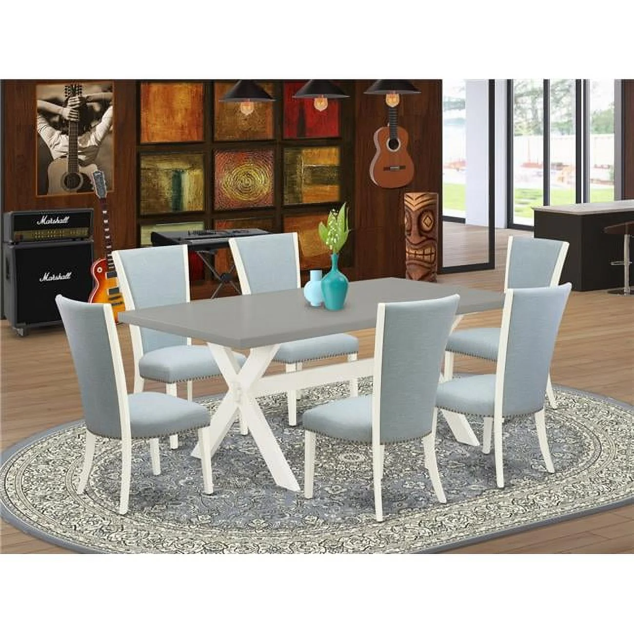 7 Piece X-Style Dining Table Set - Linen White