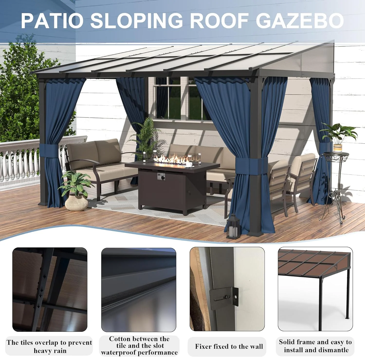 Outdoor Lean to Gazebo 10x12FT, Hardtop Wall Mounted Gazebo with Sloping Sun Panel Roof, Awnings for Patio with Metal Frame, Double Curtains for Garden, Lawn, Backyard Deck, Blue
