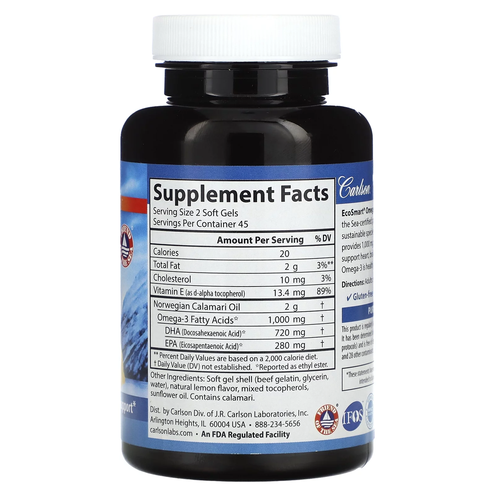 Carlson Wild Norwegian EcoSmart Omega-3, Natural Lemon, 1,000 mg, 90 Soft Gels (500 mg per Soft Gel)