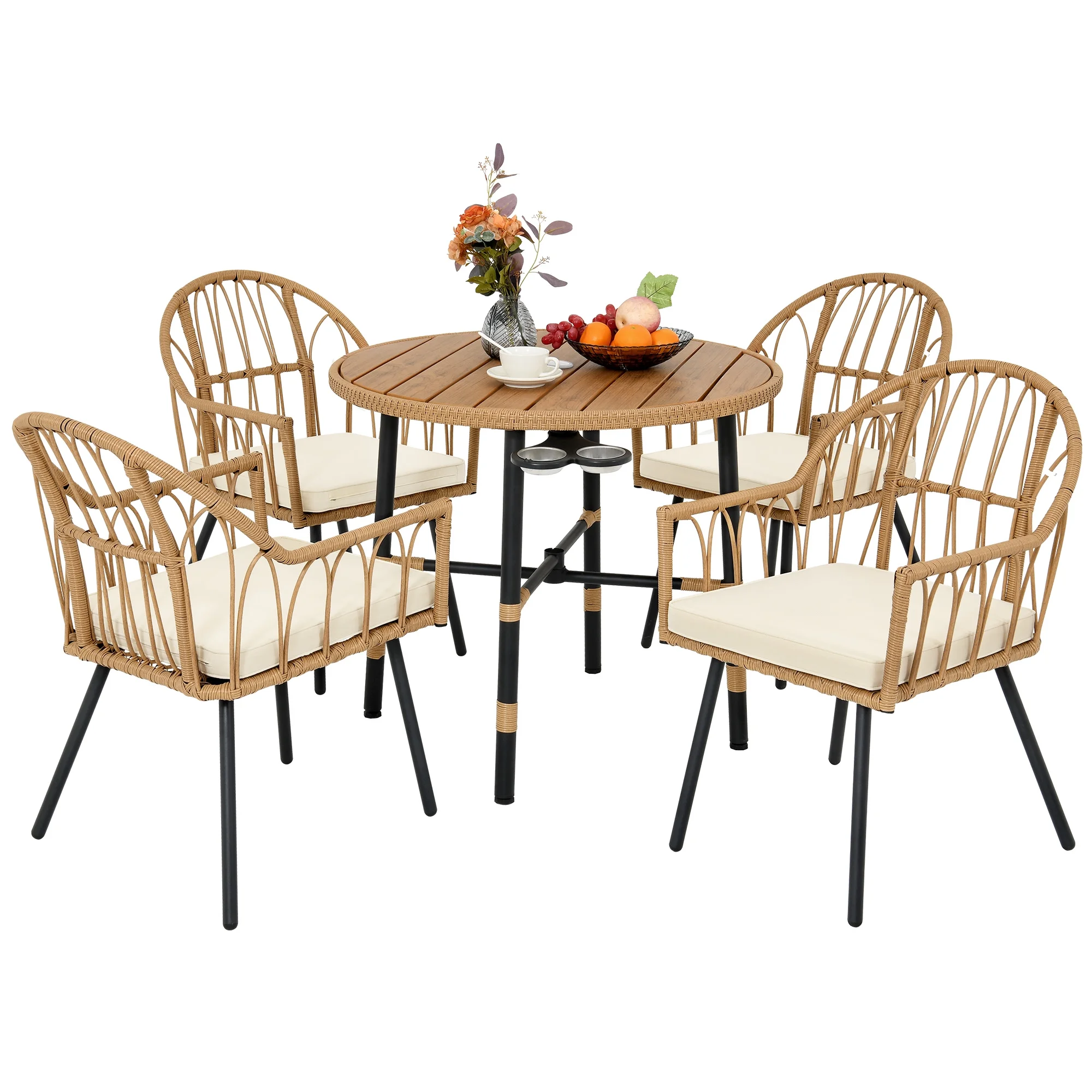 ModFusion 5-Piece Outdoor Indoor Patio Furniture Rattan Dining Table Set, 4 Wicker Patio Dining Chairs & Dining Table with Umbrella Hole, Beige