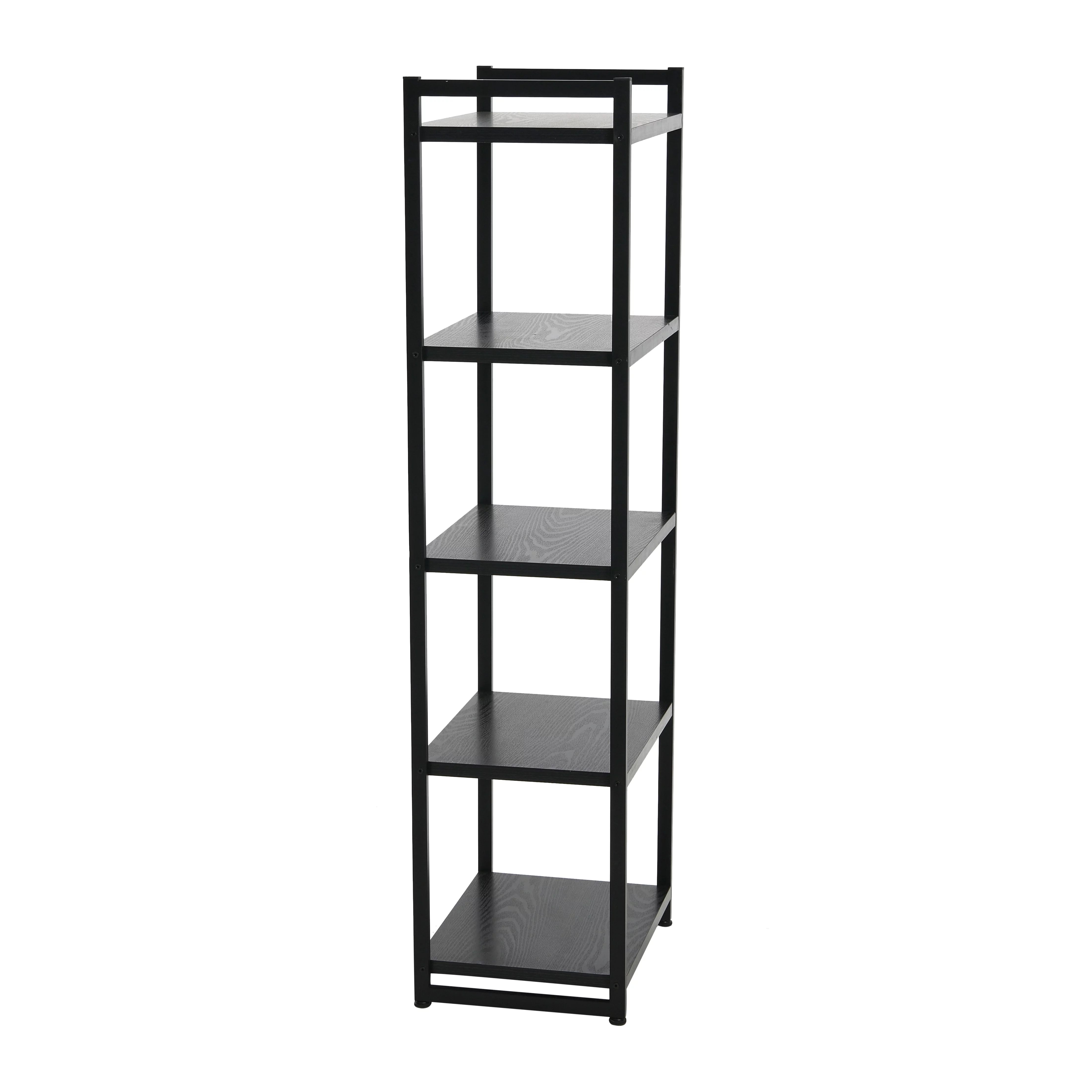 Household Essentials Tower Bookshelf, Tall and Narrow Bookshelf with 5 Shelves, Black Metal and Black Oak Woodgrain Finish, Industrial and Modern